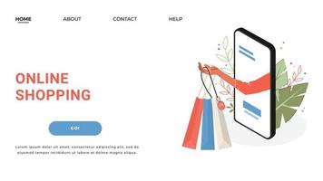 en landningssida för en onlinebutik. online shopping koncept. från telefonskärmen en hand som håller i paket. vektor