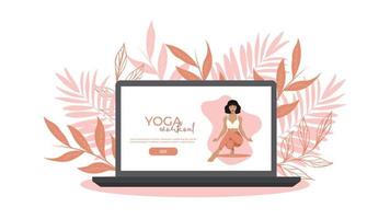 online yoga webbsida mall. ett modernt, platt webbdesignkoncept. kvinna gör en yogaövning, yogaställning. vektor illustration