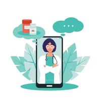 Eine lächelnde junge Ärztin konsultiert einen Patienten online. Abbildung eines Arztes auf einem Telefonbildschirm vor einem isolierten weißen Hintergrund. das Konzept der modernen Medizin. vektor