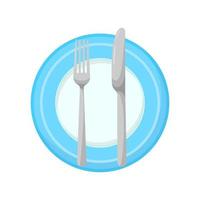kniv och gaffel på en tallrik isolerad på vit bakgrund ikon. tecknad silver kök äta verktyg. bord möten koncept. platt stil vektorillustration. vektor