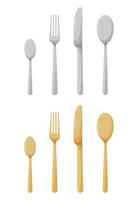 Löffel, Messer und Gabelgeschirr isoliert auf weißem Hintergrund-Icon-Set. cartoon silber und gold küche essen werkzeuge silhouette. flache Vektorillustration. vektor