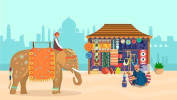 indiskt landskap. elefantryttare på dekorerad elefant, taj mahal siluett, souvenirbutik, keramik, mattor, tyger, smycken, man som röker vattenpipa sitter på en kudde. platt vektor. vektor