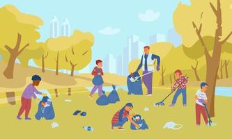 eine gruppe von kindern meldet sich freiwillig mit einem erwachsenen, der müll im herbstpark sammelt. Vektor-Illustration.