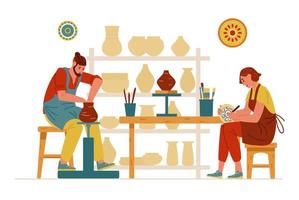 Töpferstudio-Interieur mit Keramik und arbeitenden Menschen. Mann, der Tontopf herstellt, Frau, die ein Gericht malt. Vektor-Illustration.