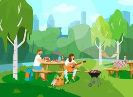 vektor illustration av par som har picknick i parken. kvinna spelar gitarr, man skär vattenmelon. stadsbilden i bakgrunden. picknickkorg, grill. tecknad stil.