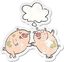 Cartoon-Schweine tanzen und Gedankenblase als beunruhigter, abgenutzter Aufkleber