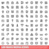 100 Massenmedien-Icons gesetzt, Umrissstil vektor