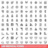 100 medicinska ikoner set, konturstil vektor