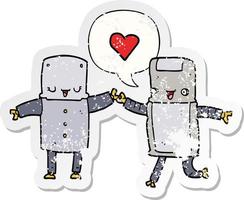 Cartoon-Roboter in Liebe und Sprechblase beunruhigter Aufkleber vektor