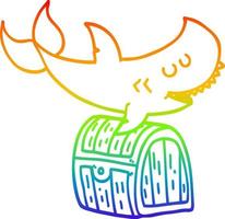 Regenbogen-Gradientenlinie zeichnet Cartoon-Hai, der über Schatztruhe schwimmt vektor