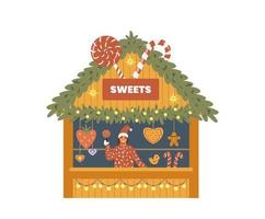 weihnachtsmarkt süßigkeiten shop mit flacher vektorillustration des verkäufers. Lebkuchen und Süßigkeiten. isoliert auf weiß. vektor