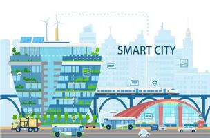 smart stadslandskap med moderna byggnader, kultåg, elektrobussar och bilar, solbatterier, nätverk av saker, ikoner. stad av framtida koncept. platt vektorillustration. vektor