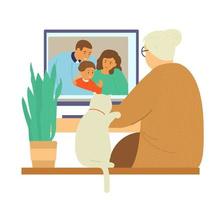 Familien-Videochat. Großmutter spricht per Videoanruf mit der Familie ihrer Tochter. Onlinekommunikation. flache vektorillustration. vektor