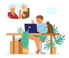 familjevideokonferens. barn som sitter med katt framför laptop och pratar med morföräldrar via videosamtal. onlinekommunikation under lockdown. platt vektorillustration. vektor
