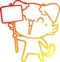 Warme Gradientenlinie zeichnet glücklichen kleinen Cartoon-Hund mit Schild vektor