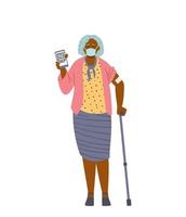 senior afrikansk amerikansk kvinna vaccinerad visar arm med lapp och telefon med hälsopass. isolerad på vitt. vektor