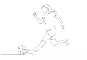 kontinuierliche Linienzeichnung der Fußballerin, die den Ball tritt. Einzeilige Kunst junger Fußballerinnen, die den Ball dribbeln und jonglieren. Vektor-Illustration vektor