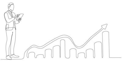 kontinuerlig linjeritning av affärsman som letar efter investeringsmöjlighet som står på tillväxtdiagram. vektor