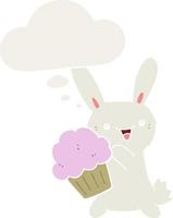 süßes Cartoon-Kaninchen mit Muffin und Gedankenblase im Retro-Stil vektor