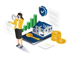 Frau, die das Geschäft mit Eigenheiminvestitionen fördert vektor