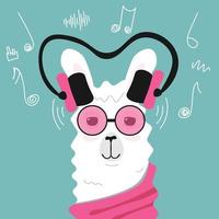 lama- oder alpaka-musikliebhaber mit rosa brille und schal. Musiksymbole im Hintergrund. Vektor-Illustration vektor