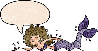 Cartoon-Meerjungfrau und Sprechblase im Retro-Textur-Stil vektor