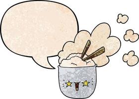 niedliche Cartoon heiße Reisschüssel und Sprechblase im Retro-Textur-Stil