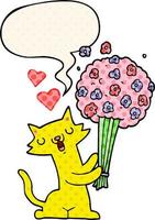 Cartoon-Katze verliebt und Blumen und Sprechblase im Comic-Stil vektor