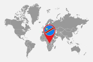 nålkarta med den demokratiska republiken Kongoflaggan på världskartan. vektor illustration.