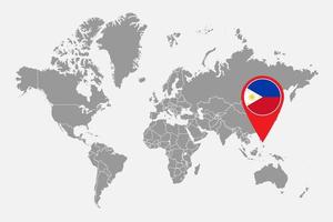 nålkarta med Filippinernas flagga på världskartan. vektor illustration.