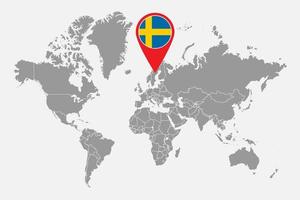 nålkarta med sveriges flagga på världskartan. vektor illustration.