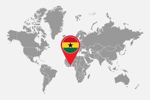 nåla karta med Ghana flagga på världskartan. vektor illustration.