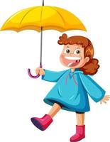 glad tjej i regnrock håller paraply vektor
