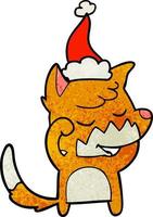 freundlicher strukturierter Cartoon eines Fuchses, der mit Weihnachtsmütze aufwacht vektor