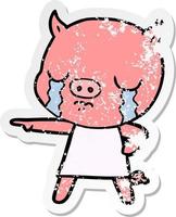 beunruhigter Aufkleber eines Cartoonschweins, das weint und zeigt vektor