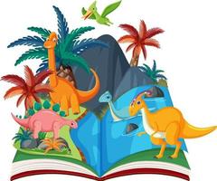 aufgeschlagenes Buch mit Dinosaurier im prähistorischen Wald vektor