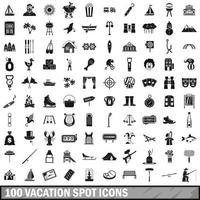 100 Urlaubsort-Icons gesetzt, einfacher Stil vektor