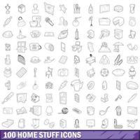 100 hem grejer ikoner set, kontur stil vektor