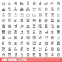 100 Getränkesymbole gesetzt, Umrissstil vektor