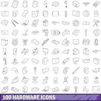 100 Hardware-Icons gesetzt, Umrissstil vektor