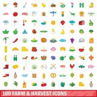 100 gård och skörd ikoner set, tecknad stil vektor