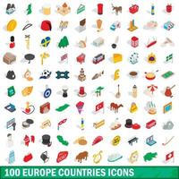100 europäische Ländersymbole gesetzt, isometrischer 3D-Stil