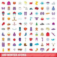 100 vinter ikoner set, tecknad stil vektor