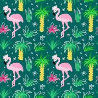 Nahtloses Muster mit Flamingos in den Tropen zwischen Palmen und Blumen vektor