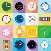 Uhren-Icons setzen farbenfrohen, flachen Stil vektor