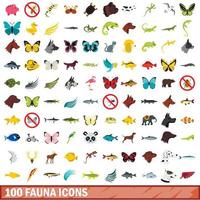 100 Fauna-Icons gesetzt, flacher Stil vektor