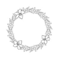 krans blommig handritad doodle med blommor, bröllop dekoration, rund ram med grenar löv och blomma doodle. vektor