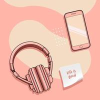 Pastell Pfirsich. Telefon und Kopfhörer zum kostenlosen Download von Musikvektorillustrationen vektor