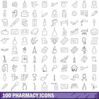 100 apotek ikoner set, kontur stil vektor