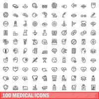 100 medicinska ikoner set, konturstil vektor